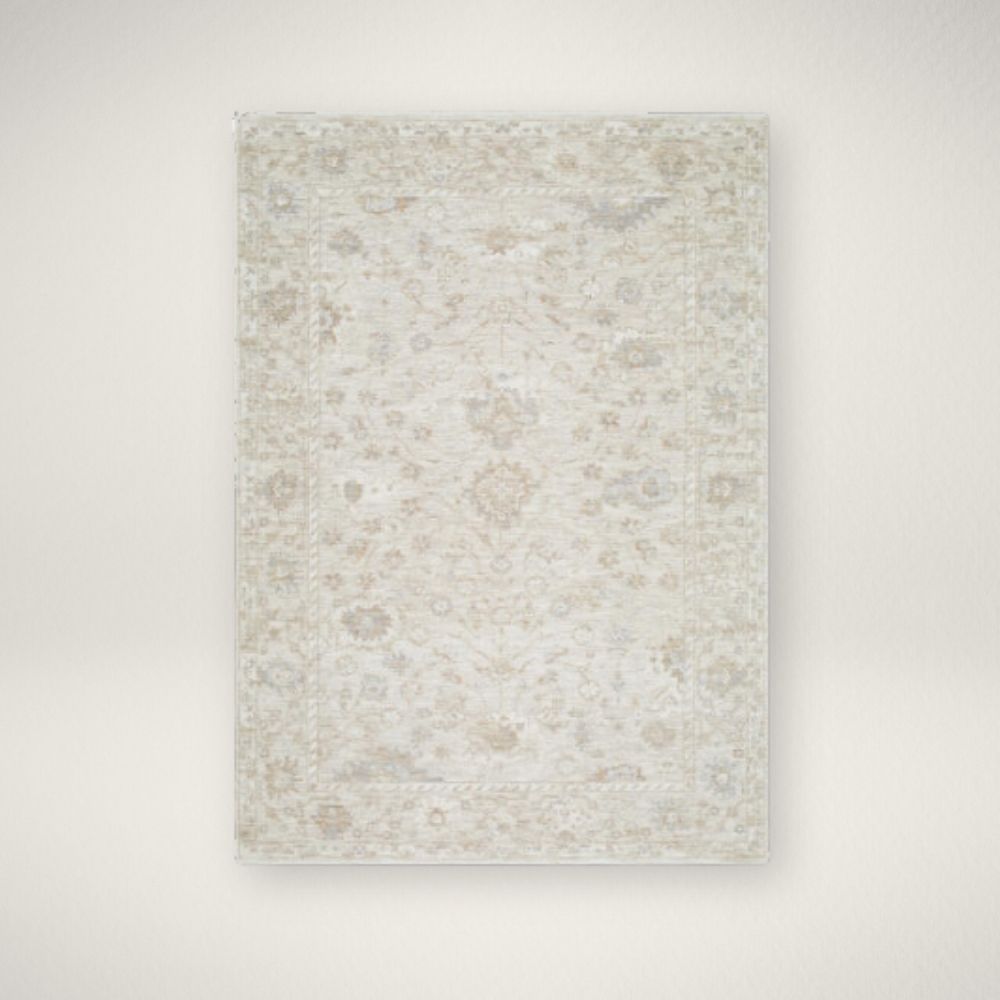 SU Emory Rug Neutral traditional rug in soft beige and cream with an all-over floral pattern and subtle distressed detailing.