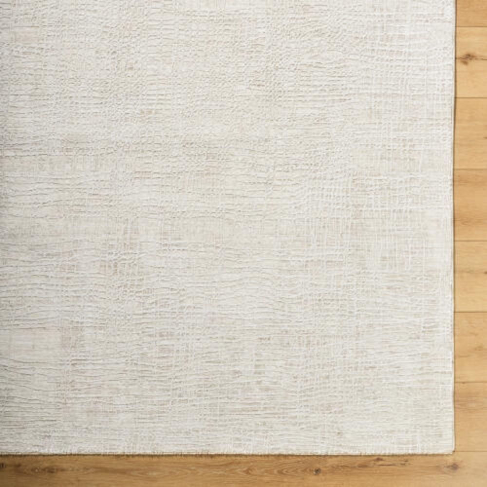 Neutral machine woven rug with subtle tonal texture in soft beige and ivory.