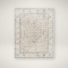 Faded traditional rug in beige, cream, and grey with a central medallion and distressed border.