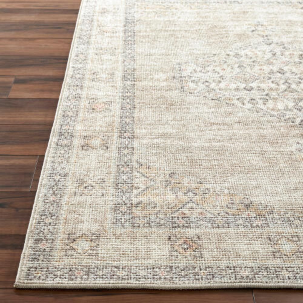 Faded traditional rug in beige, cream, and grey with a central medallion and distressed border.