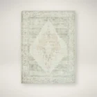 Vintage-inspired woven rug with a faded diamond medallion in muted green, ivory, and blush tones.