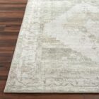 Vintage-inspired woven rug with a faded diamond medallion in muted green, ivory, and blush tones.