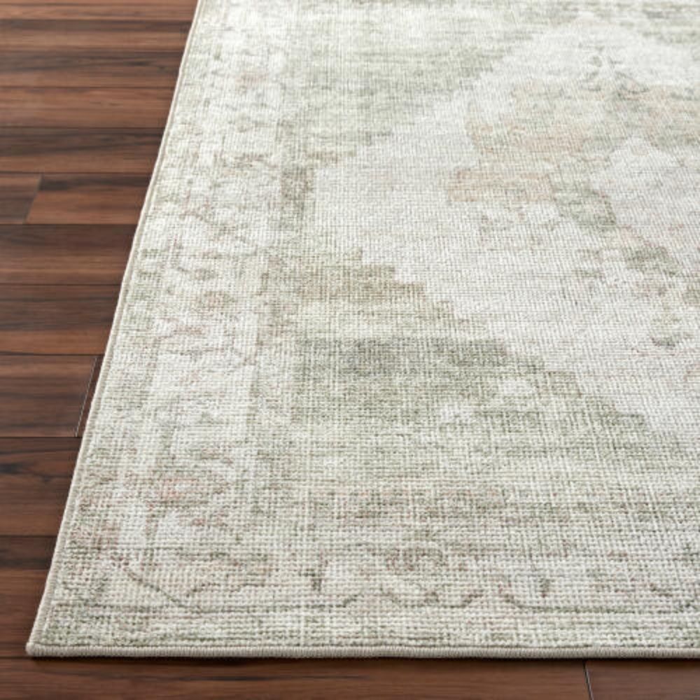 Vintage-inspired woven rug with a faded diamond medallion in muted green, ivory, and blush tones.
