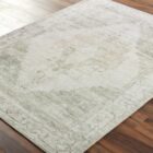 Vintage-inspired woven rug with a faded diamond medallion in muted green, ivory, and blush tones.
