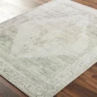 Vintage-inspired woven rug with a faded diamond medallion in muted green, ivory, and blush tones.
