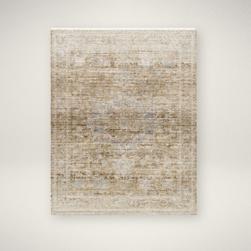 SU MARGARET RUG Neutral machine-woven rug in warm beige and taupe tones with a softly distressed, layered pattern.