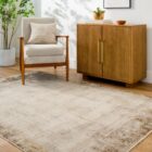 Beige and taupe distressed rug with a soft faded border design and subtle vintage-inspired texture.
