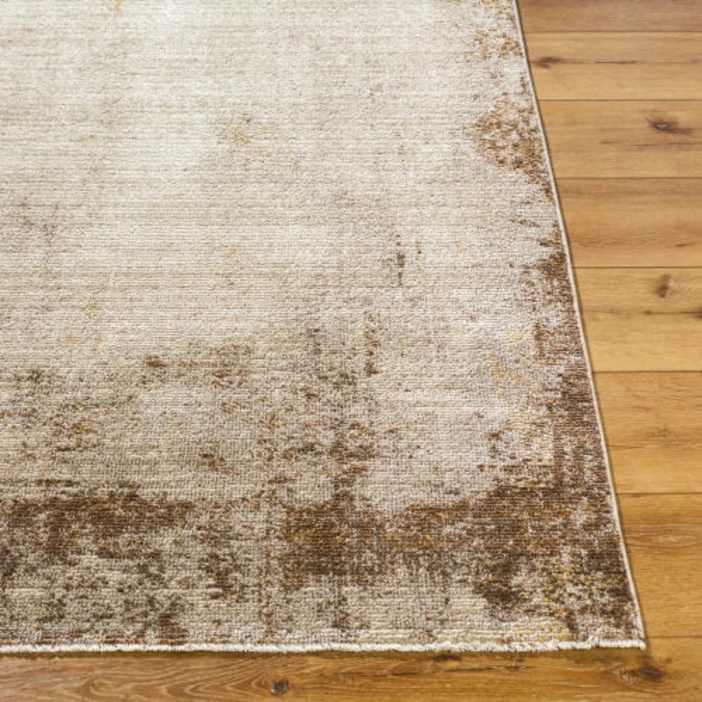 Beige and taupe distressed rug with a soft faded border design and subtle vintage-inspired texture.
