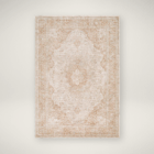 Traditional beige and ivory rug with ornate central medallion and intricate border design.