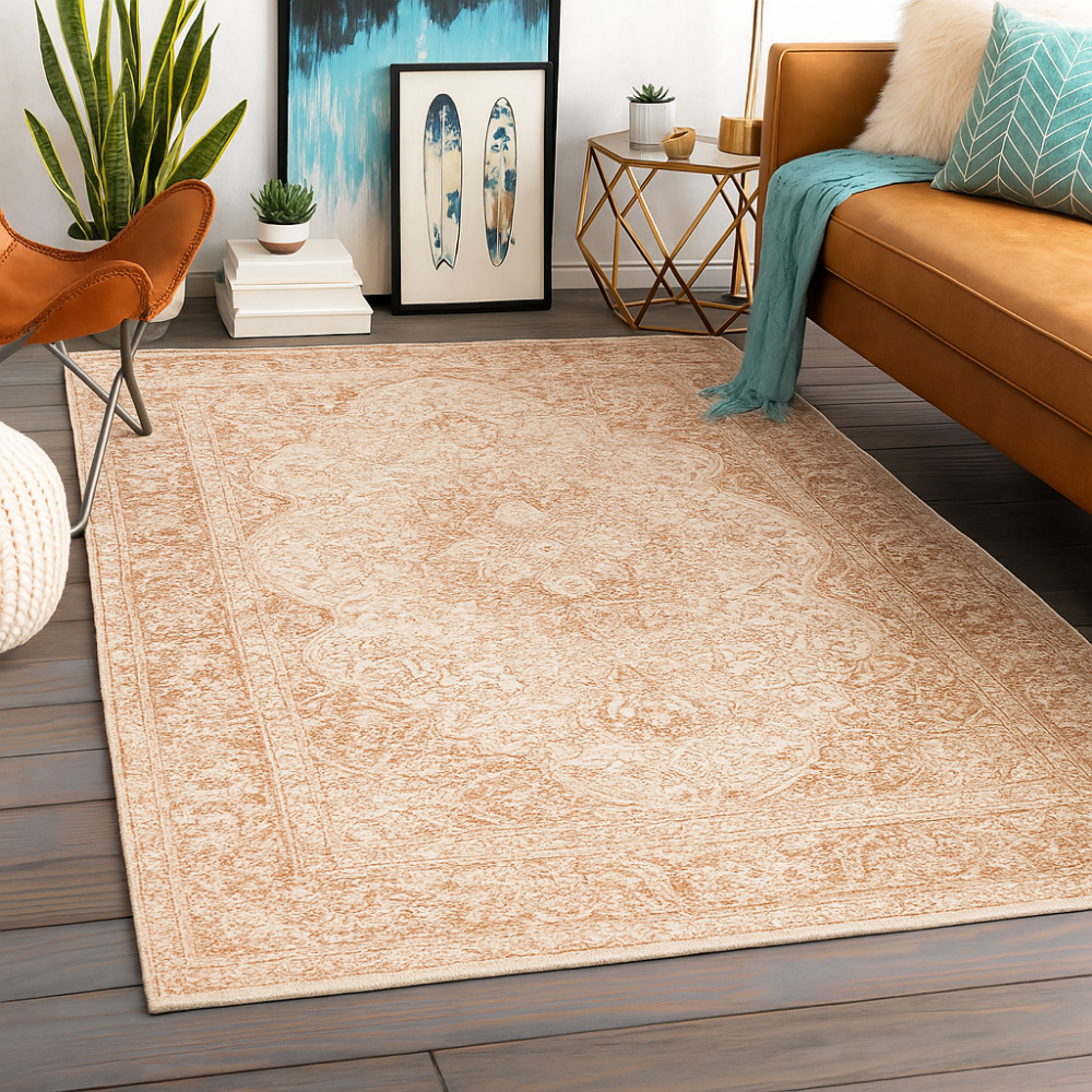 Traditional beige and ivory rug with ornate central medallion and intricate border design.