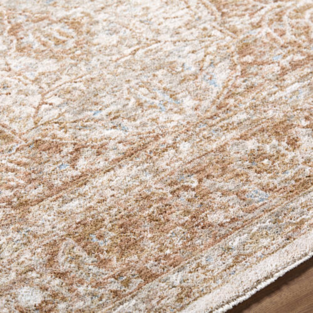 Traditional beige and ivory rug with ornate central medallion and intricate border design.