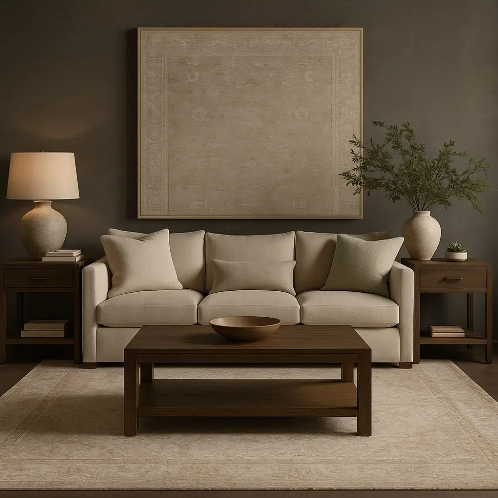 Beige and ivory rug with subtle floral motifs and a delicate bordered pattern.