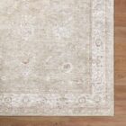 Beige and ivory rug with subtle floral motifs and a delicate bordered pattern.