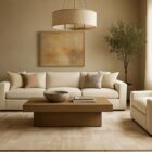 Neutral patchwork-style machine woven rug with geometric linear patterns in beige, taupe, and ivory.