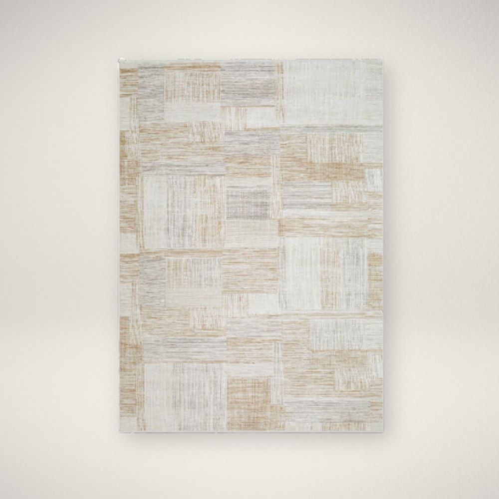 SY Emory 2311 Neutral patchwork-style machine woven rug with geometric linear patterns in beige, taupe, and ivory.