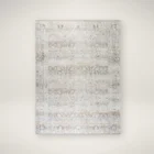 Traditional patterned area rug in soft neutral tones of beige, ivory, and grey.