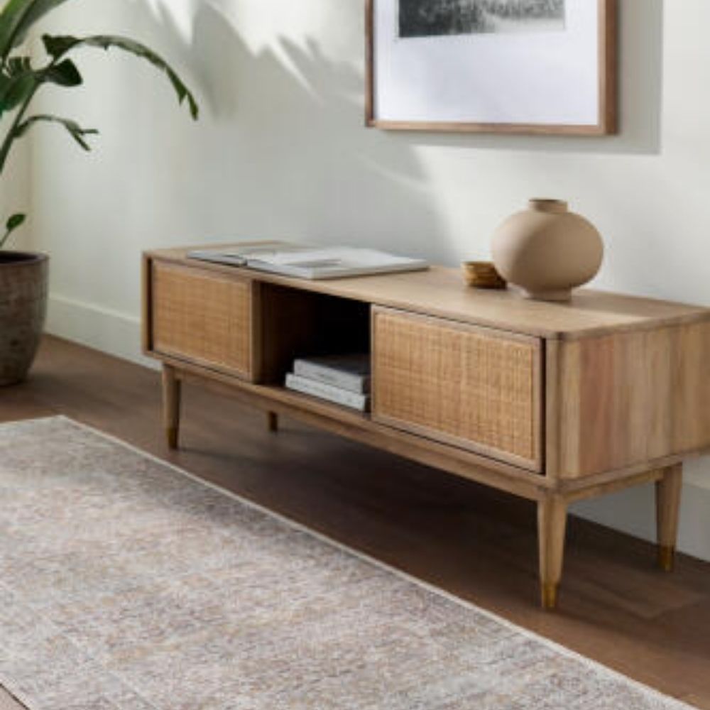 Neutral traditional area rug with soft distressed patterns in beige, ivory, and grey tones.