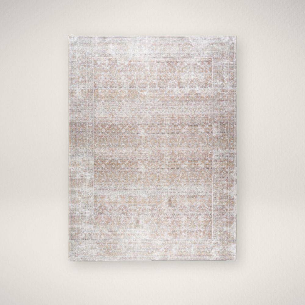 SY Rainier Machine Woven Rug 2303 Neutral traditional area rug with soft distressed patterns in beige, ivory, and grey tones.