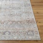 Traditional patterned area rug in soft neutral tones of beige, ivory, and grey.