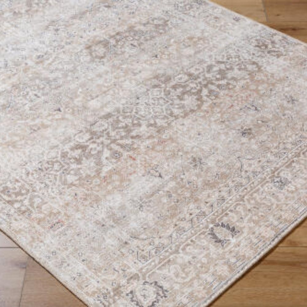 Traditional patterned area rug in soft neutral tones of beige, ivory, and grey.