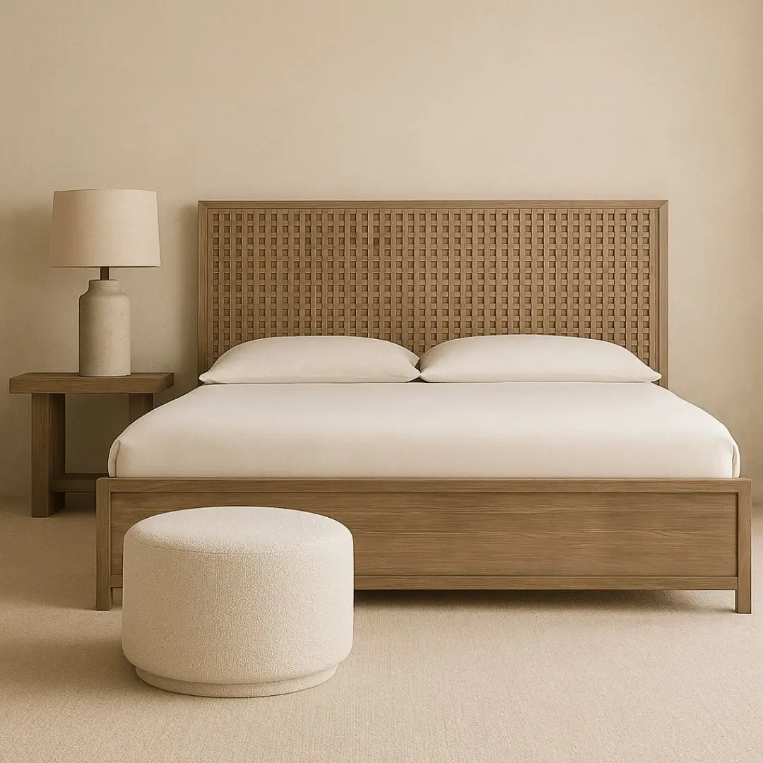 A rustic modern panel bed with a woven wood lattice headboard and a solid wood footboard in a natural weathered finish.