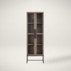 Tall wood and glass cabinet with black metal base and long vertical handles.