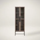 Tall wood and glass cabinet with black metal base and long vertical handles.