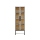 Tall wood and glass cabinet with black metal base and long vertical handles.