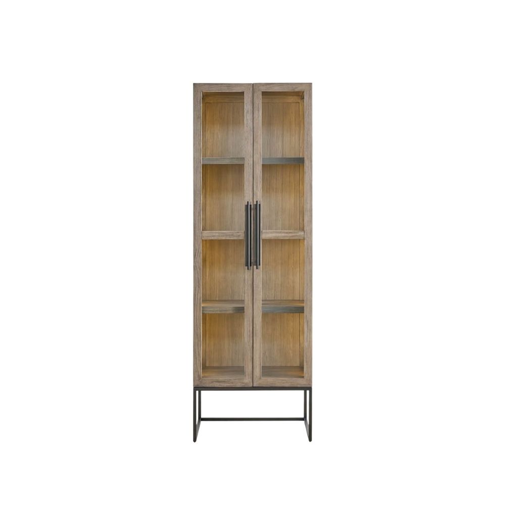 Tall wood and glass cabinet with black metal base and long vertical handles.