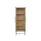 Tall wood and glass cabinet with black metal base and long vertical handles.