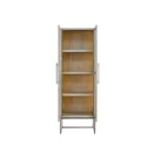 Tall wood and glass cabinet with black metal base and long vertical handles.