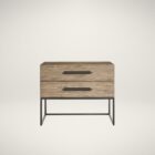 A modern nightstand in a light natural wood finish with two drawers, oversized black metal handles, and an open metal base frame.