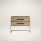 A modern nightstand in a light natural wood finish with two drawers, oversized black metal handles, and an open metal base frame.