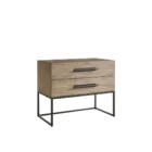 A modern nightstand in a light natural wood finish with two drawers, oversized black metal handles, and an open metal base frame.