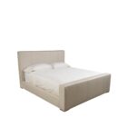 A modern upholstered bed in a soft beige fabric with clean lines, a low-profile footboard, and a tall rectangular headboard.