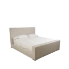 A modern upholstered bed in a soft beige fabric with clean lines, a low-profile footboard, and a tall rectangular headboard.
