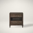 A 28-inch wide cocoa-finished nightstand with two drawers, an open center shelf, bronze hardware, and tapered legs.