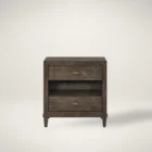 A 28-inch wide cocoa-finished nightstand with two drawers, an open center shelf, bronze hardware, and tapered legs.