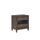 A 28-inch wide cocoa-finished nightstand with two drawers, an open center shelf, bronze hardware, and tapered legs.