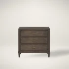 A 32-inch wide dark cocoa-finished nightstand with three drawers, bronze hardware, and tapered legs.
