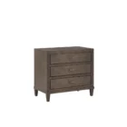 A 32-inch wide dark cocoa-finished nightstand with three drawers, bronze hardware, and tapered legs.
