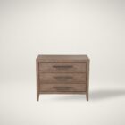A three-drawer nightstand in a light natural wood finish with sleek horizontal metal handles and tapered legs.