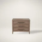 A three-drawer nightstand in a light natural wood finish with sleek horizontal metal handles and tapered legs.