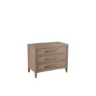 A three-drawer nightstand in a light natural wood finish with sleek horizontal metal handles and tapered legs.
