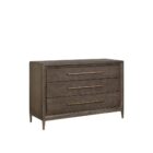 A four-drawer chest in a dark textured wood finish with elongated brass handles and slim tapered legs.
