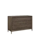 A four-drawer chest in a dark textured wood finish with elongated brass handles and slim tapered legs.