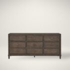 A nine-drawer dresser in a rich cocoa brown wood finish with textured grain, slim brass hardware, and tapered legs.