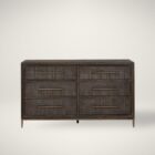 A six-drawer dresser in a dark textured wood finish with long horizontal brass handles and slim tapered legs.