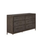 A six-drawer dresser in a dark textured wood finish with long horizontal brass handles and slim tapered legs.