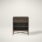 A 26-inch dark wood nightstand with one drawer, two open shelves, and a bronze-finished metal base with X-cross detailing.